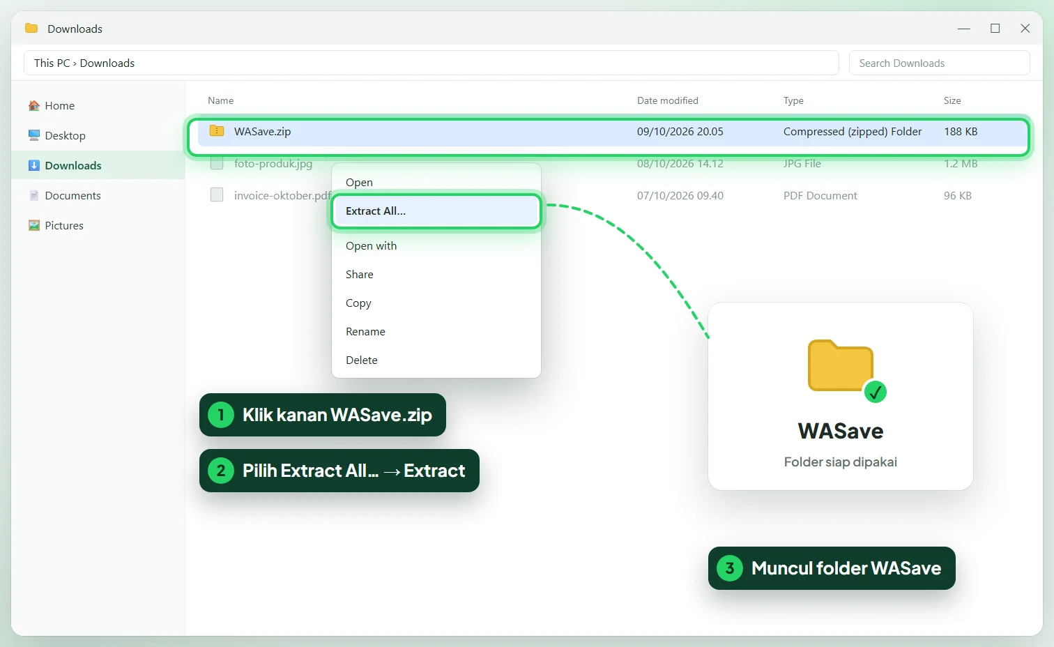 Klik kanan WASave.zip, pilih Extract All, lalu muncul folder WASave