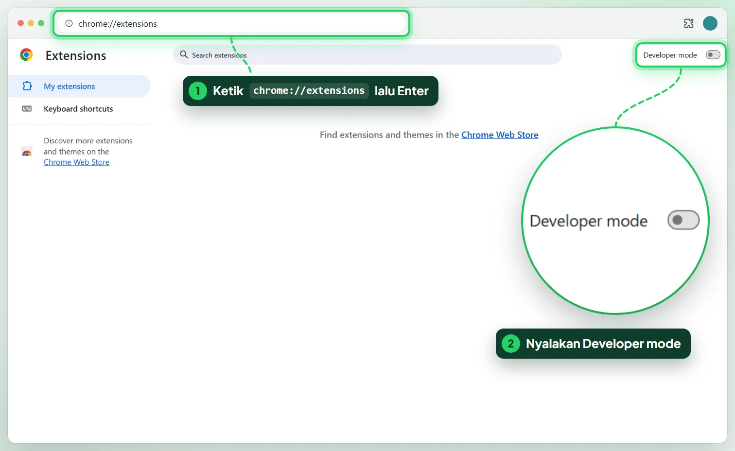 Halaman chrome://extensions dengan tombol Developer mode di pojok kanan atas