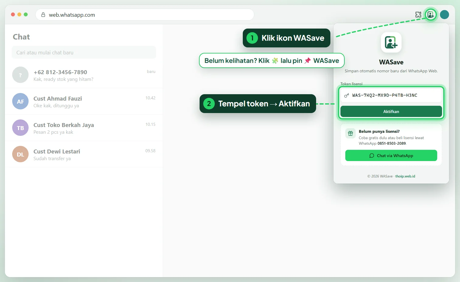 Klik ikon WASave di toolbar, tempel token, lalu klik Aktifkan