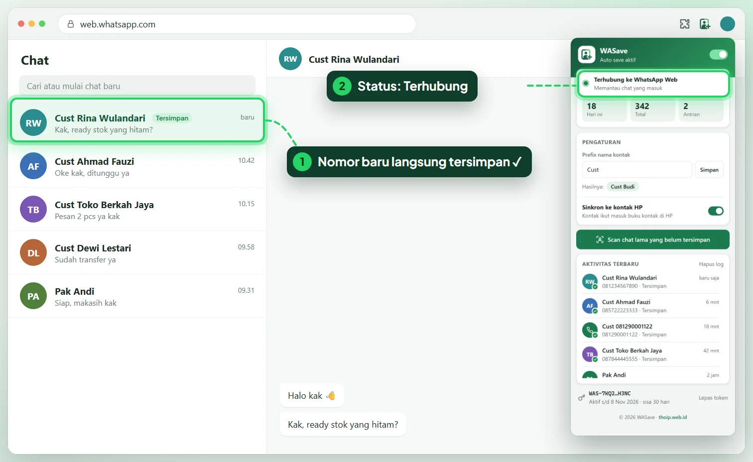 WhatsApp Web dengan kontak baru tersimpan otomatis dan popup WASave berstatus Terhubung